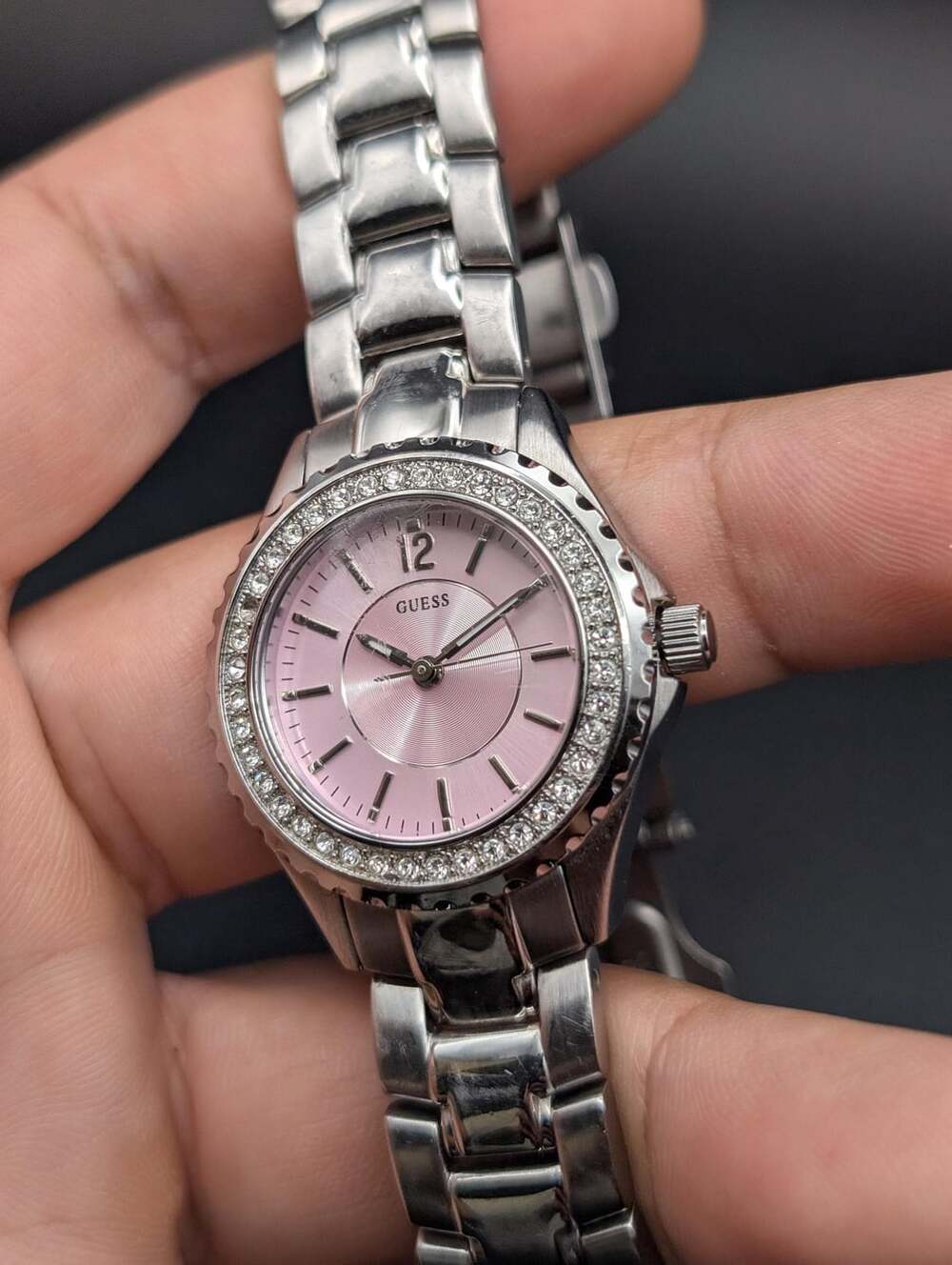 Vintage Guess Waterpro Crystal Silver Ladies Watch, Pink Concentric Dial Bracele